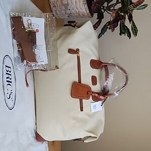 Bric's Cream Travel Weekender with Brown Leather Trim